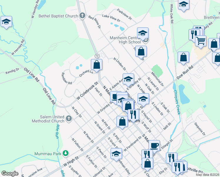 map of restaurants, bars, coffee shops, grocery stores, and more near 2 East Adele Avenue in Manheim
