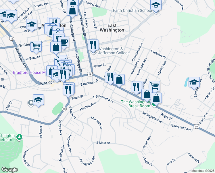 map of restaurants, bars, coffee shops, grocery stores, and more near 322 East Maiden Street in Washington