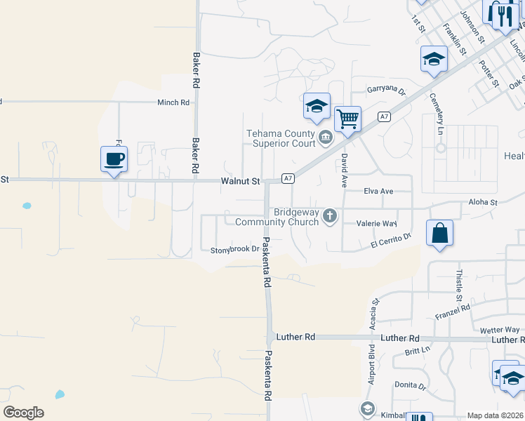 map of restaurants, bars, coffee shops, grocery stores, and more near 2010 Pebblestone Drive in Red Bluff