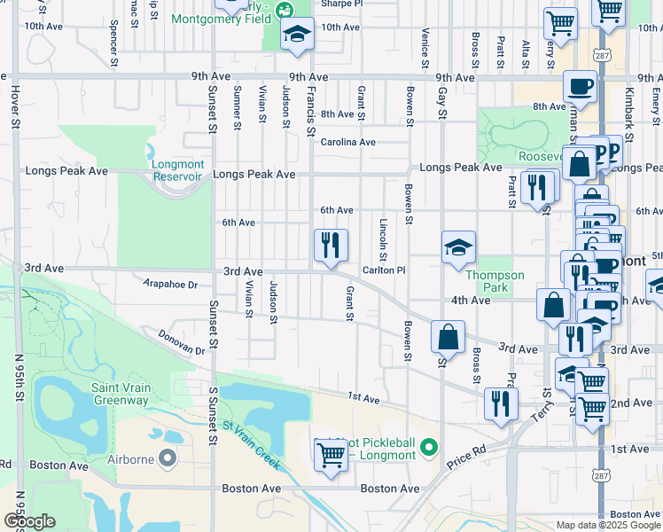 map of restaurants, bars, coffee shops, grocery stores, and more near 303 Sherman Street in Longmont