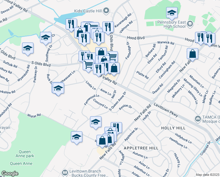 map of restaurants, bars, coffee shops, grocery stores, and more near 512 Nel Drive in Fairless Hills