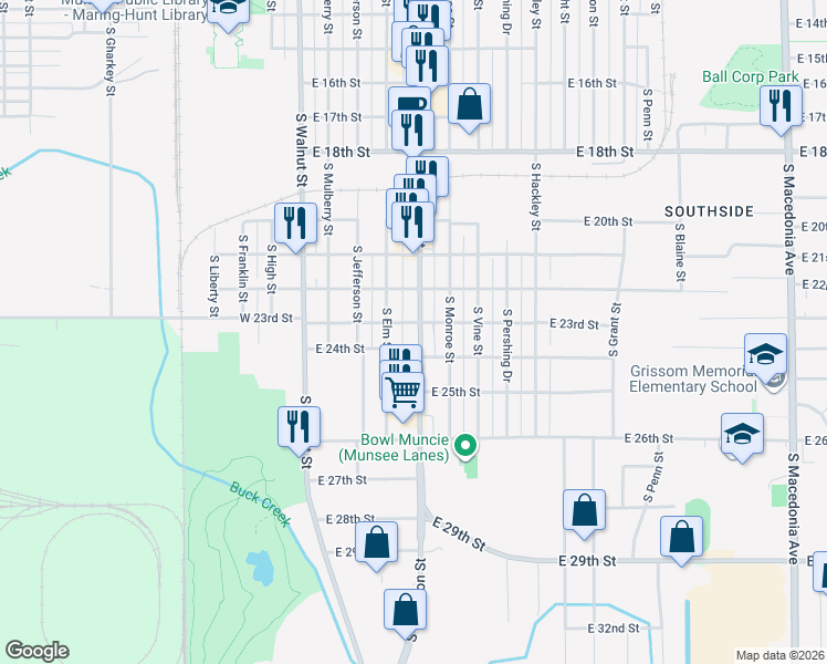 map of restaurants, bars, coffee shops, grocery stores, and more near 3002 South Madison Street in Muncie
