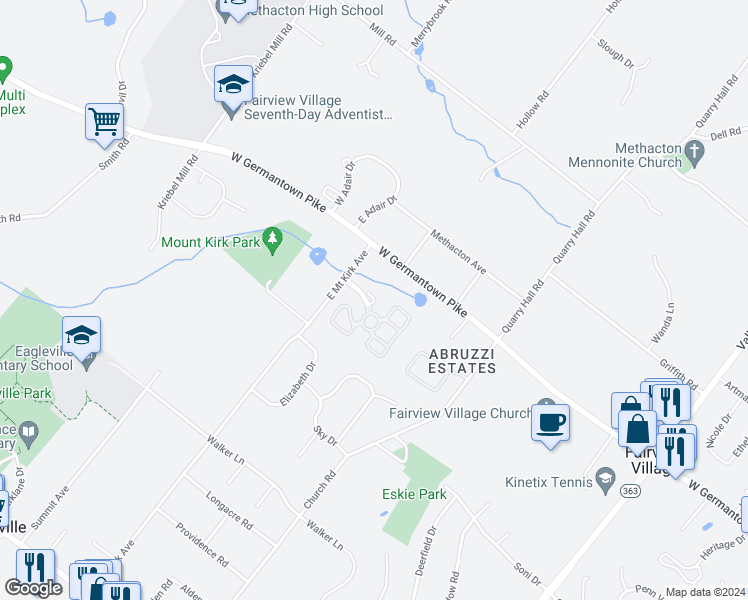 map of restaurants, bars, coffee shops, grocery stores, and more near 7 Oxford Court in Norristown