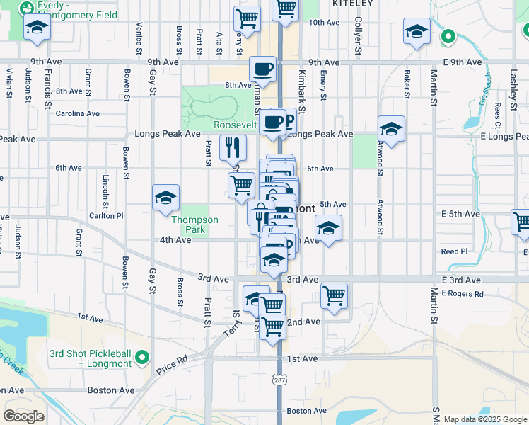 map of restaurants, bars, coffee shops, grocery stores, and more near 436 Coffman Street in Longmont