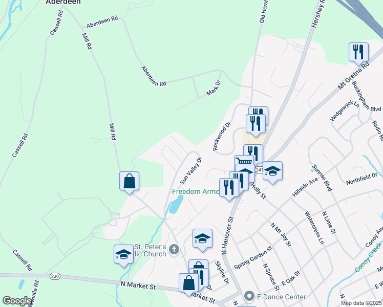 map of restaurants, bars, coffee shops, grocery stores, and more near 175 Sun Valley Road in Elizabethtown