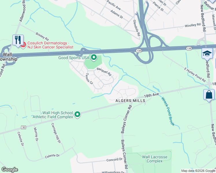 map of restaurants, bars, coffee shops, grocery stores, and more near 112 Racquet Road in Wall Township