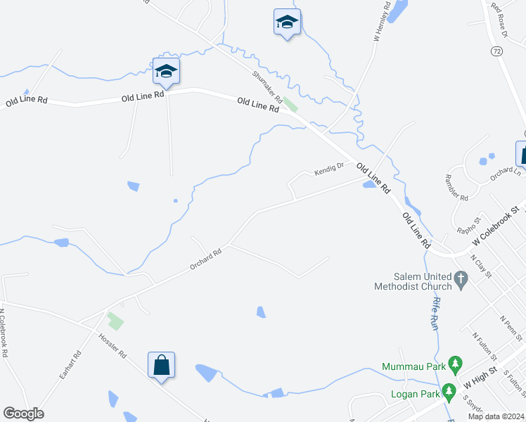 map of restaurants, bars, coffee shops, grocery stores, and more near 657 Orchard Road in Manheim