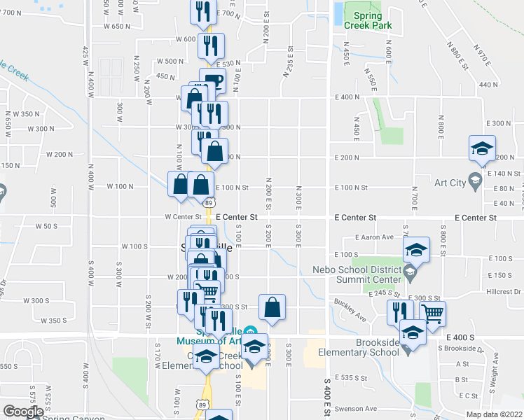 map of restaurants, bars, coffee shops, grocery stores, and more near 195 East Center Street in Springville