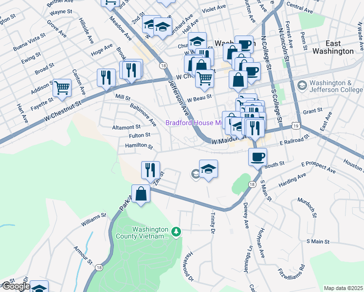 map of restaurants, bars, coffee shops, grocery stores, and more near 309 West Maiden Street in Washington