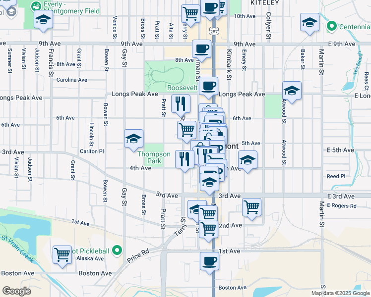 map of restaurants, bars, coffee shops, grocery stores, and more near 434 Terry Street in Longmont