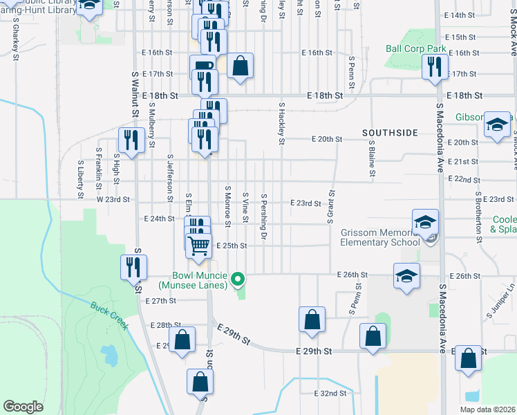 map of restaurants, bars, coffee shops, grocery stores, and more near 3003 South Pershing Drive in Muncie