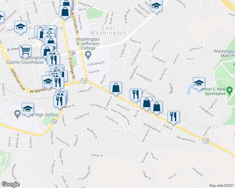 map of restaurants, bars, coffee shops, grocery stores, and more near 357 East Maiden Street in Washington