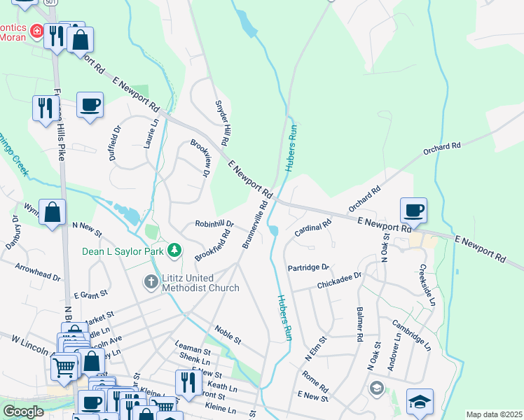 map of restaurants, bars, coffee shops, grocery stores, and more near 689 Brunnerville Road in Lititz