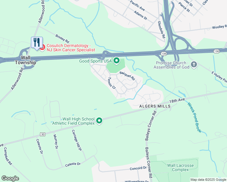 map of restaurants, bars, coffee shops, grocery stores, and more near 198 Tennis Court in Wall Township