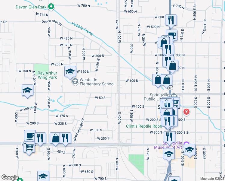 map of restaurants, bars, coffee shops, grocery stores, and more near 12 North 450 West in Springville