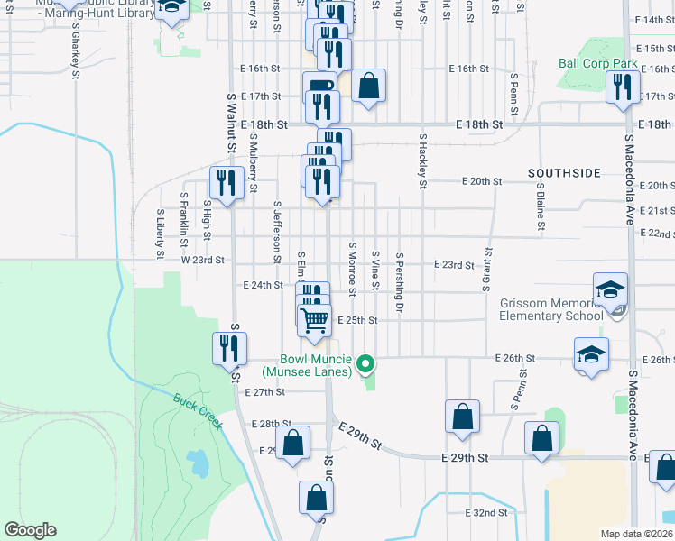 map of restaurants, bars, coffee shops, grocery stores, and more near 3002 South Madison Street in Muncie
