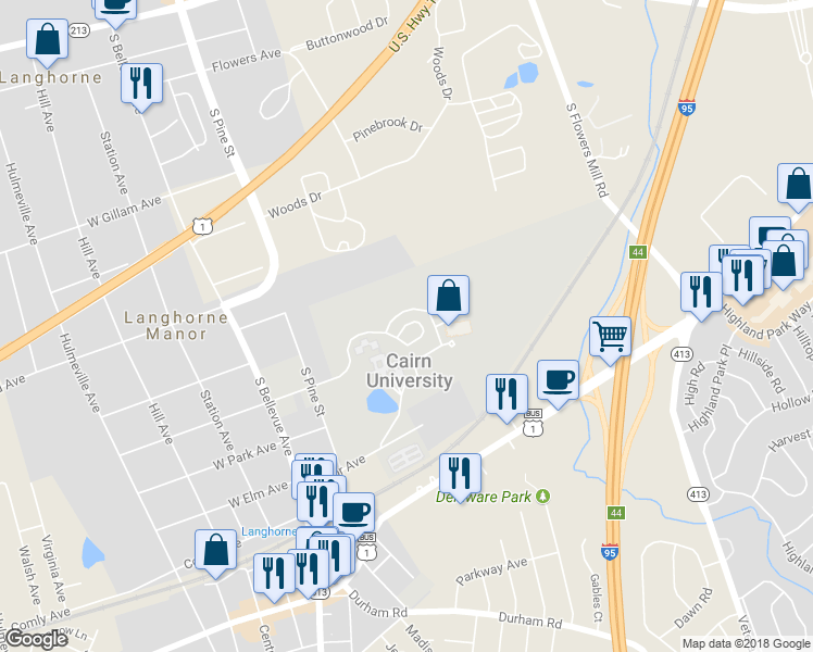map of restaurants, bars, coffee shops, grocery stores, and more near 418 Arch Street in Langhorne