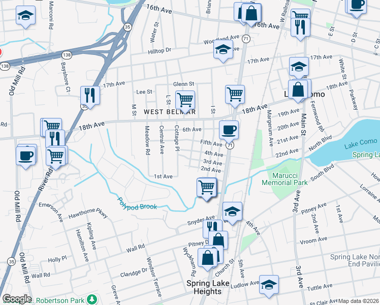 map of restaurants, bars, coffee shops, grocery stores, and more near 1031 4th Avenue in Wall Township