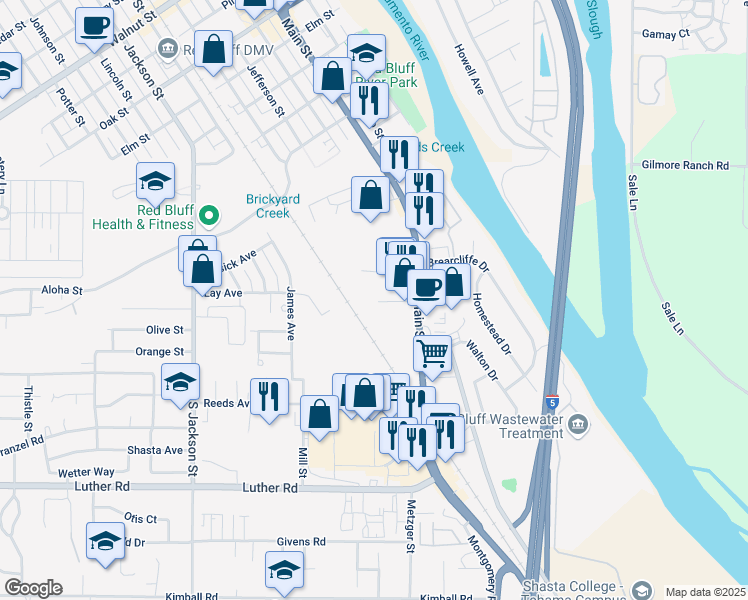 map of restaurants, bars, coffee shops, grocery stores, and more near 355 South Main Street in Red Bluff
