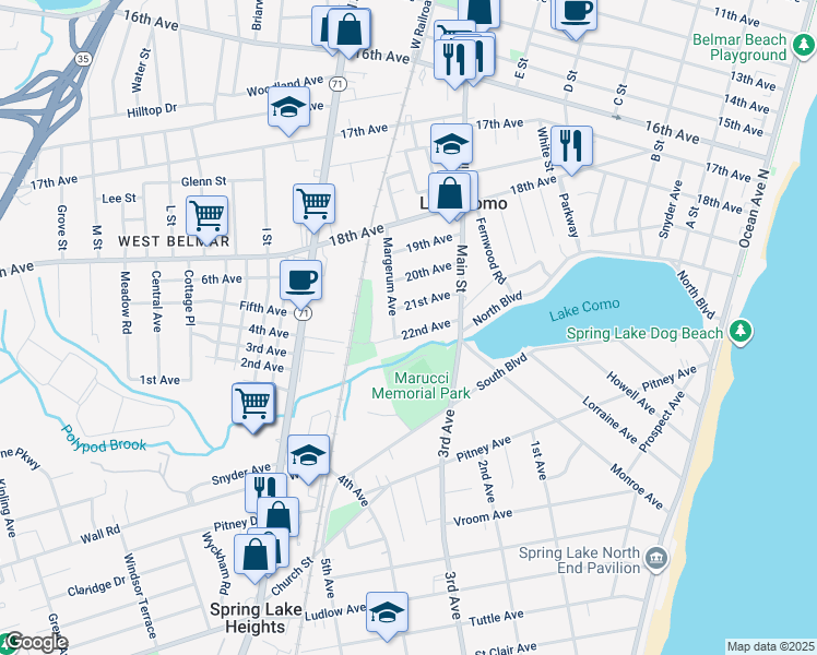 map of restaurants, bars, coffee shops, grocery stores, and more near 730 22nd Avenue in Belmar