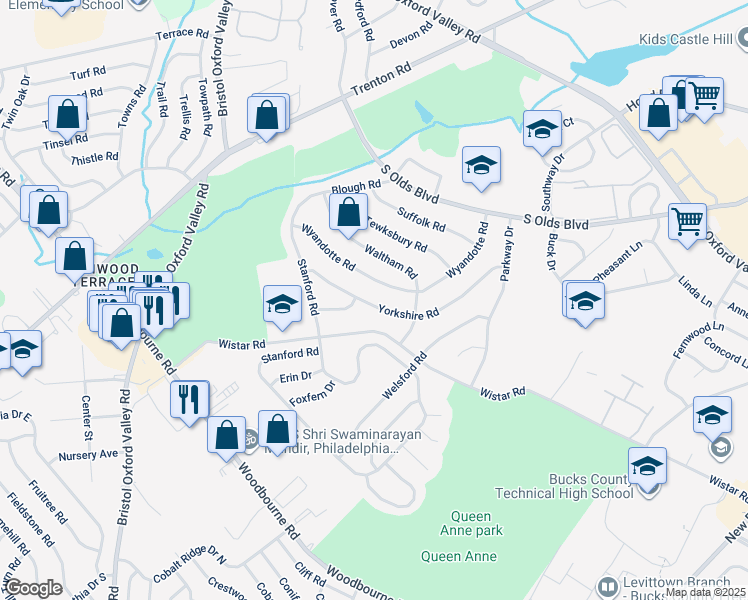 map of restaurants, bars, coffee shops, grocery stores, and more near 225 Yorkshire Road in Fairless Hills