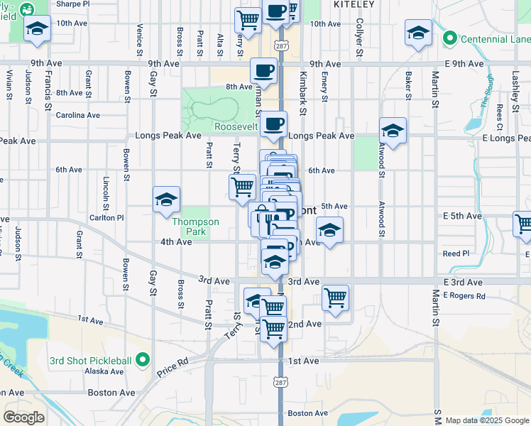 map of restaurants, bars, coffee shops, grocery stores, and more near 436 Coffman Street in Longmont