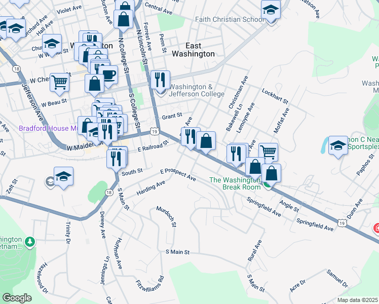 map of restaurants, bars, coffee shops, grocery stores, and more near 322 East Maiden Street in Washington