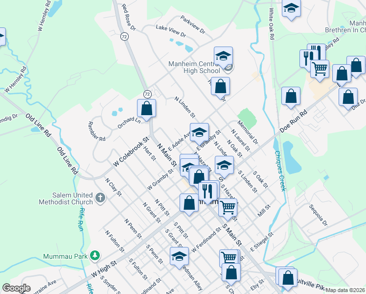 map of restaurants, bars, coffee shops, grocery stores, and more near 152 North Hazel Street in Manheim