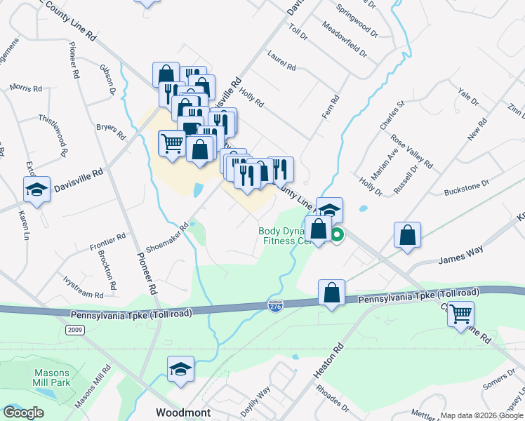 map of restaurants, bars, coffee shops, grocery stores, and more near 1011 Oakwood Drive in Montgomery County
