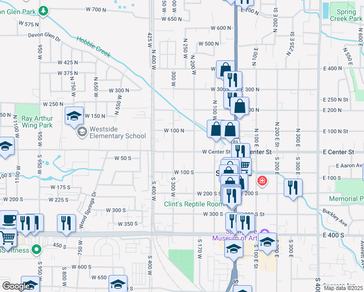 map of restaurants, bars, coffee shops, grocery stores, and more near 230 West Center Street in Springville