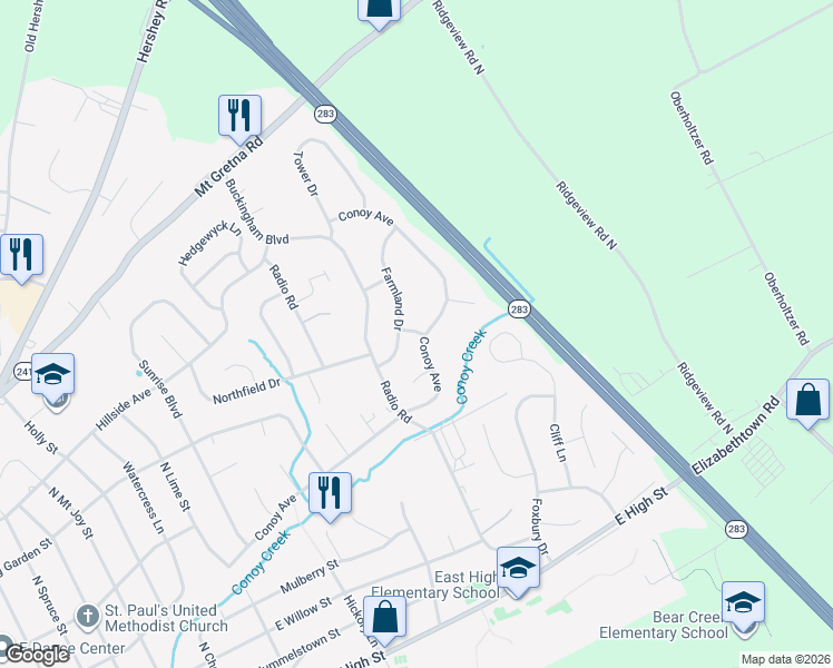 map of restaurants, bars, coffee shops, grocery stores, and more near 299 Northbrooke Drive in Elizabethtown