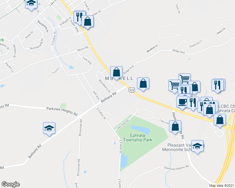 map of restaurants, bars, coffee shops, grocery stores, and more near 34 Bethany Road in Ephrata