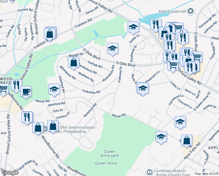 map of restaurants, bars, coffee shops, grocery stores, and more near 268 Yorkshire Road in Fairless Hills