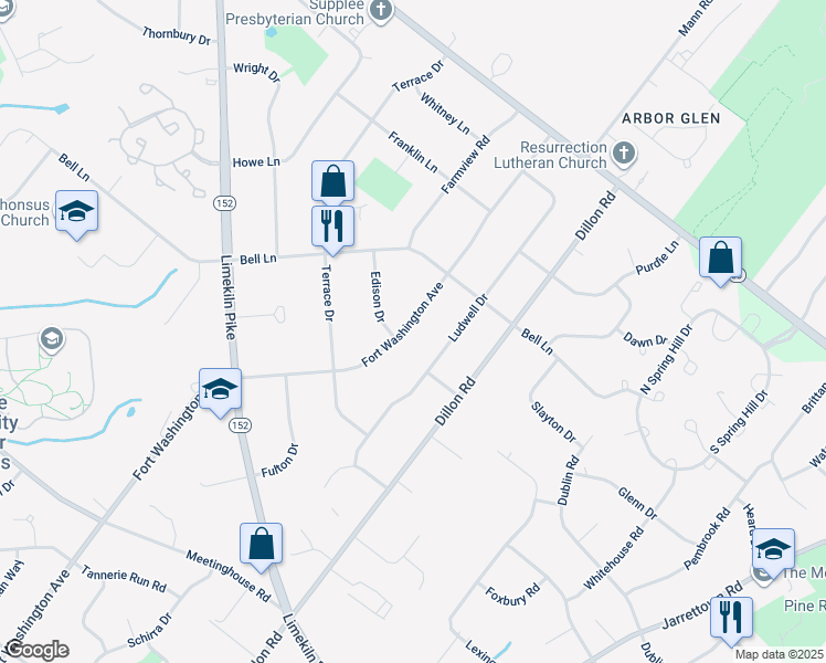 map of restaurants, bars, coffee shops, grocery stores, and more near 1657 Fort Washington Avenue in Maple Glen