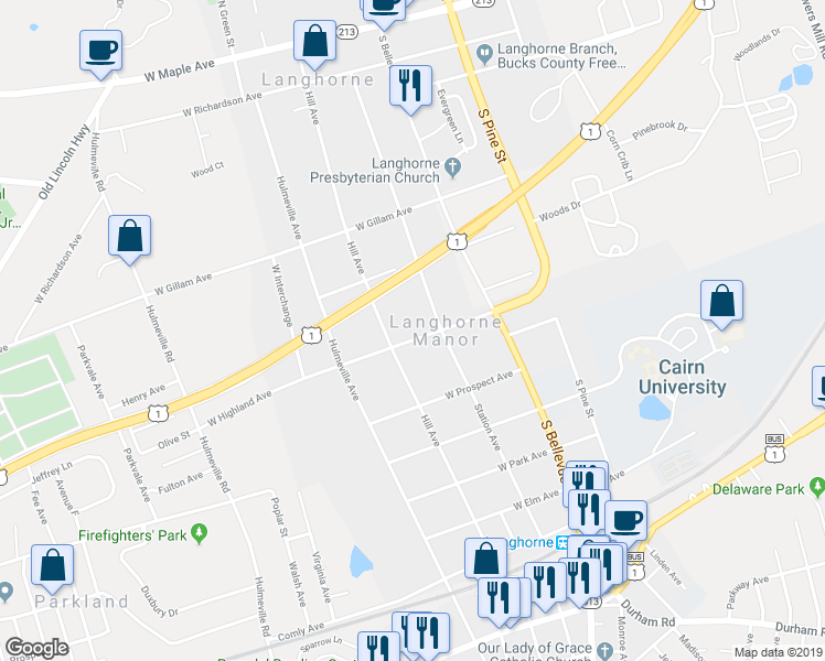 map of restaurants, bars, coffee shops, grocery stores, and more near 280 West Highland Avenue in Langhorne