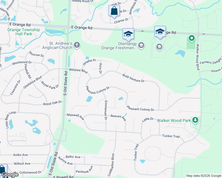 map of restaurants, bars, coffee shops, grocery stores, and more near 2318 Pleasant Colony Drive in Lewis Center