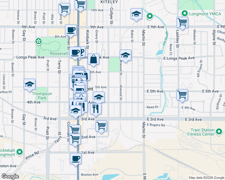 map of restaurants, bars, coffee shops, grocery stores, and more near 255 5th Avenue in Longmont