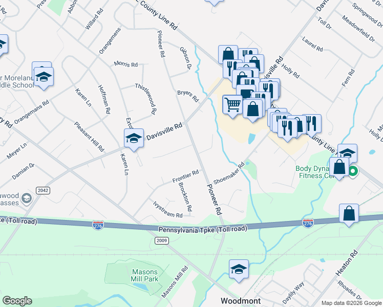map of restaurants, bars, coffee shops, grocery stores, and more near 2240 Pioneer Road in Hatboro