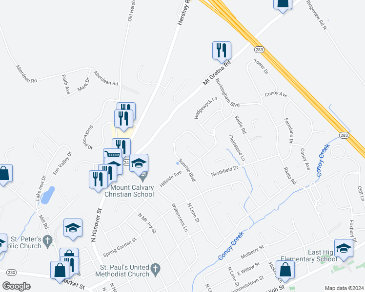 map of restaurants, bars, coffee shops, grocery stores, and more near 30 Southview Circle in Elizabethtown