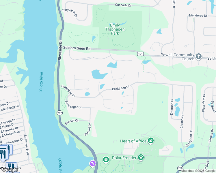 map of restaurants, bars, coffee shops, grocery stores, and more near 8669 Creighton Drive in Powell