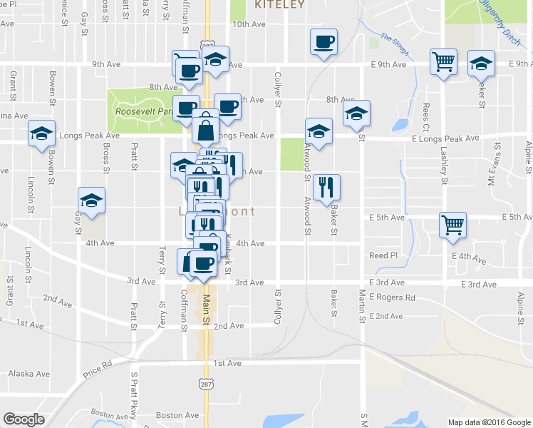 map of restaurants, bars, coffee shops, grocery stores, and more near 315 5th Avenue in Longmont