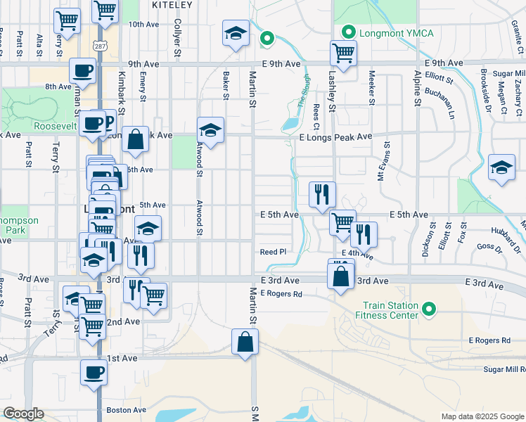 map of restaurants, bars, coffee shops, grocery stores, and more near 12 East 5th Avenue in Longmont