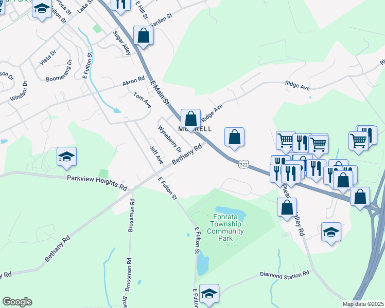 map of restaurants, bars, coffee shops, grocery stores, and more near 34 Bethany Road in Ephrata