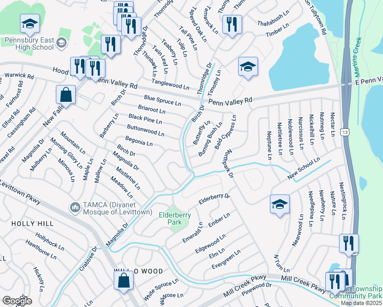 map of restaurants, bars, coffee shops, grocery stores, and more near 1 Burning Bush Lane in Levittown
