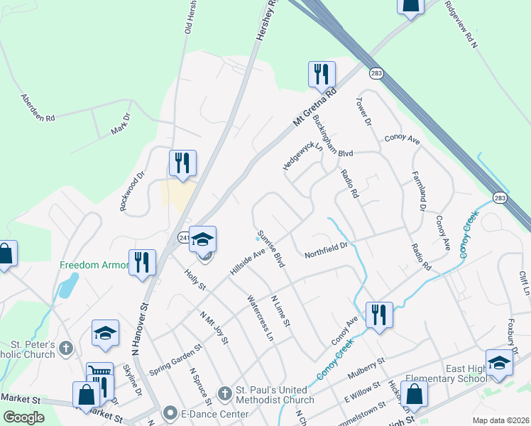 map of restaurants, bars, coffee shops, grocery stores, and more near 30 Southview Circle in Elizabethtown