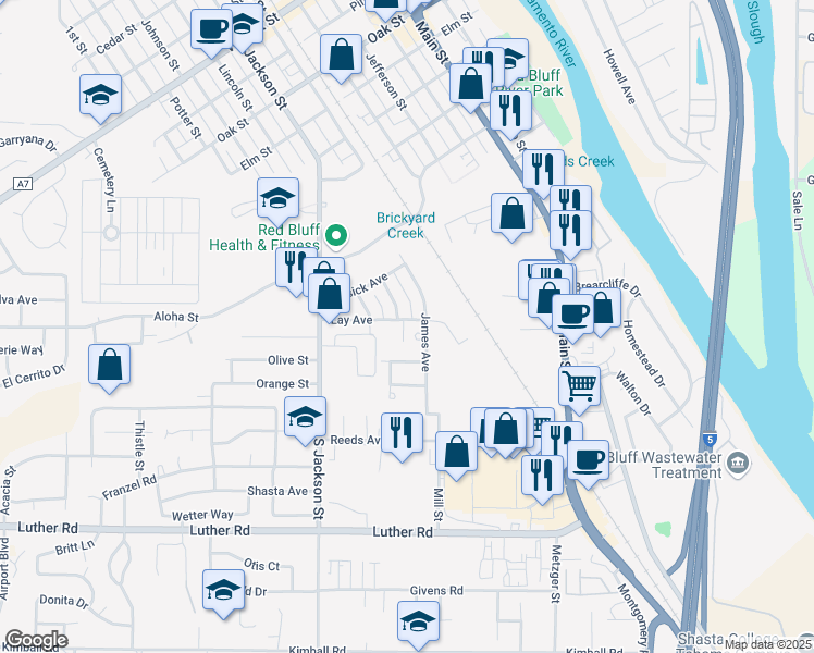 map of restaurants, bars, coffee shops, grocery stores, and more near 733 Lay Avenue in Red Bluff