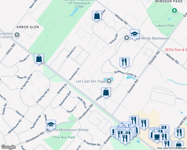 map of restaurants, bars, coffee shops, grocery stores, and more near 12 Sugar Maple Lane in Horsham