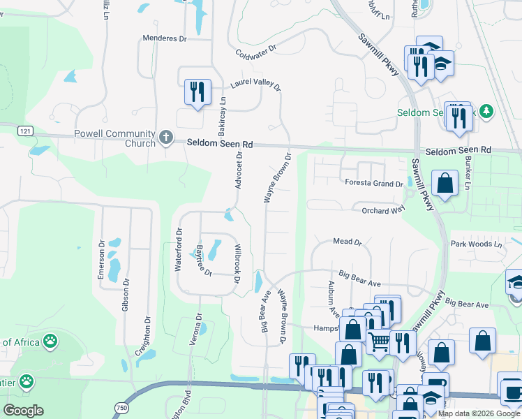 map of restaurants, bars, coffee shops, grocery stores, and more near 9182 Wayne Brown Drive in Powell