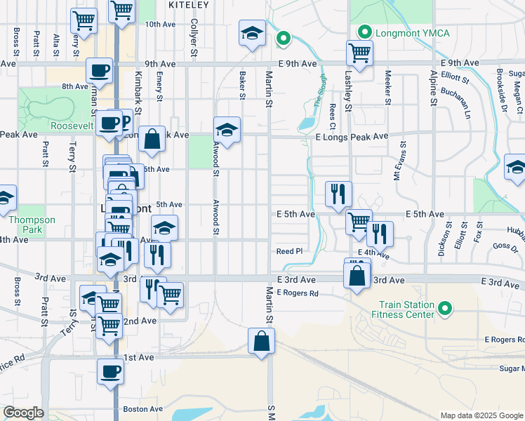 map of restaurants, bars, coffee shops, grocery stores, and more near 4 East 5th Avenue in Longmont
