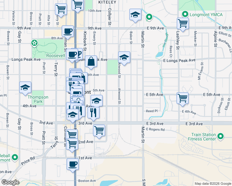 map of restaurants, bars, coffee shops, grocery stores, and more near 255 5th Avenue in Longmont
